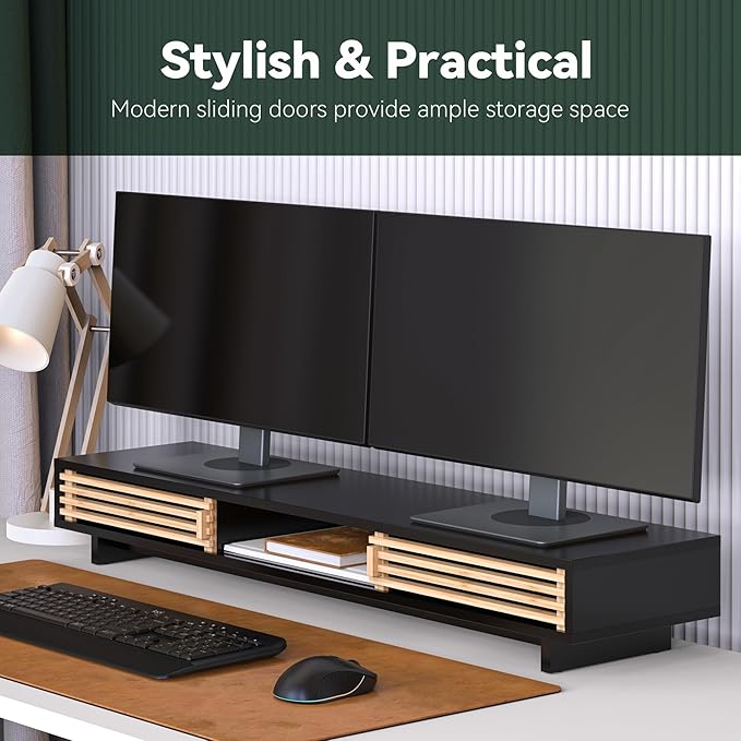 Dual Monitor Stand with Sliding Bamboo Doors - Heavy Duty Wood Computer Monitor Riser for 2 Screens, Ergonomic Desk Organizer with Storage & Keyboard Tray, Natural & Black (38 Inch)