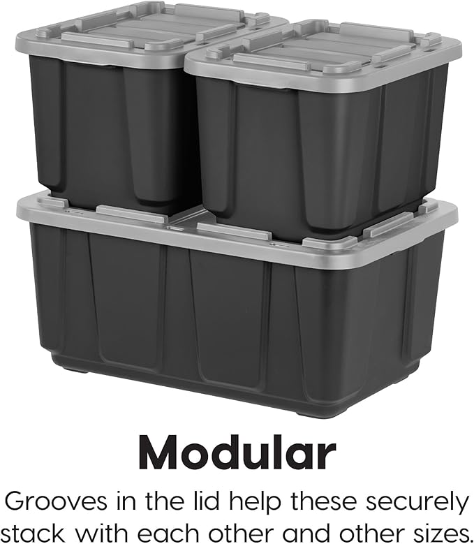 IRIS USA 4-Pack 27 Gallon Storage Bins with Lids |Made in USA| Heavy Duty Plastic Tote Containers for Truckbed Tool Box Organization, Large - Gray