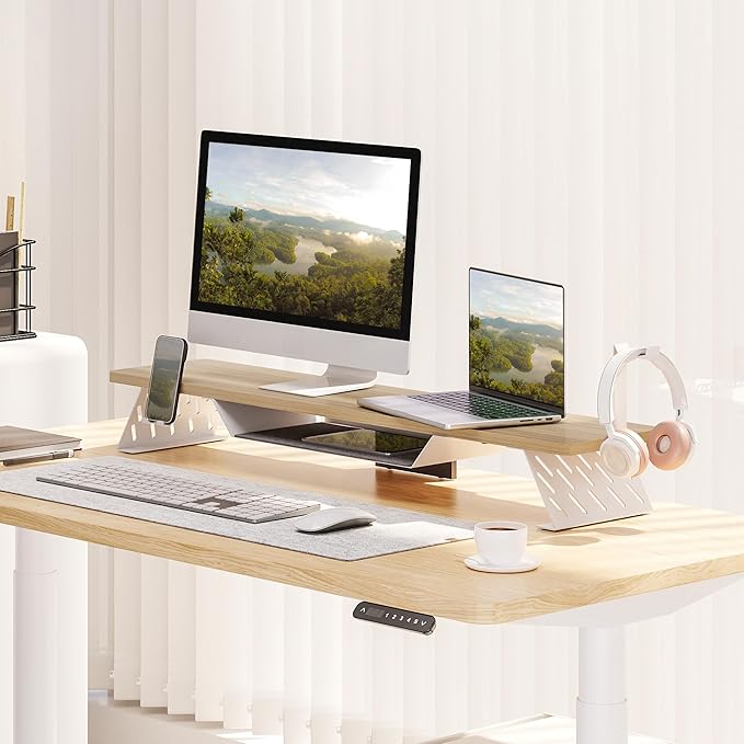 Fenge Dual Monitor Stand, 42.5 Inch Monitor Riser for Desk, Wood Desk Shelf for 2 Monitors, 2 Tier Monitor Shelf with Headphone Stand & Phone Holder