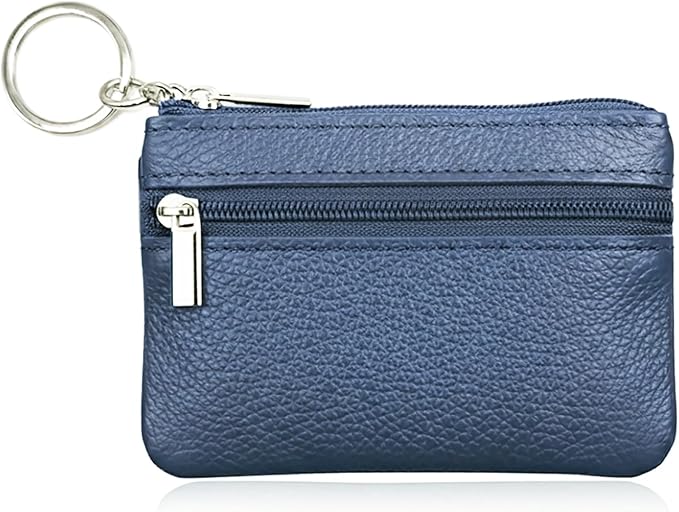 Hibate Blue Small Leather Coin Purse Change Pouch for Women Men Kids with Zip Key Ring