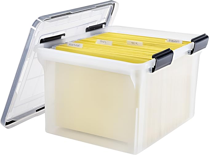 IRIS USA File Box WeatherPro Organizer Plastic for Letter/Legal, Water Resistant Document, Durable Lid, Seal w/Secure Latching Buckles, Stackable, Nestable, Clear 32 Qt. 1 Pack