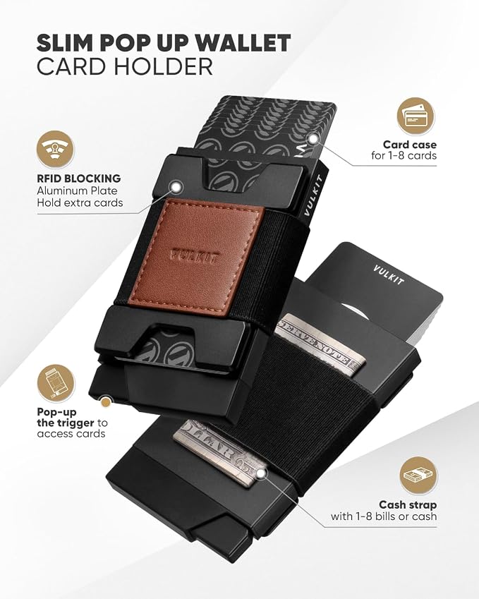 VULKIT Minimalist Pop Up Wallet RFID Blocking Aluminum Credit Card Holder with Expandable Backplate, Holds 12 Cards and Cash for Men and Women Brown