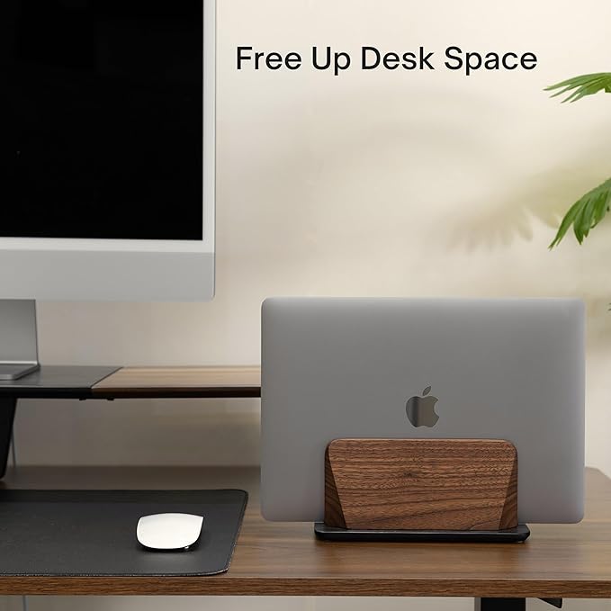 Vertical Laptop Stand, Solid Black Walnut Body & Black-Finished Ash Wood Base, Wood Laptop Holder Vertical for Desk - Adjustable Dock (0.47"-1.57" Width) Fits Most Laptops, MacBooks