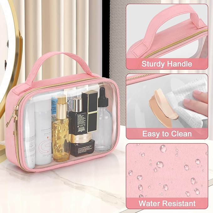 Wedama TSA Approved Toiletry Bag, 2 Pack Clear Makeup Bags with Handles, Quart Size Toiletry Bags, PVC Clear Cosmetic Bags for Women and Men, Carry on Airport Airline Compliant Bag, Pink