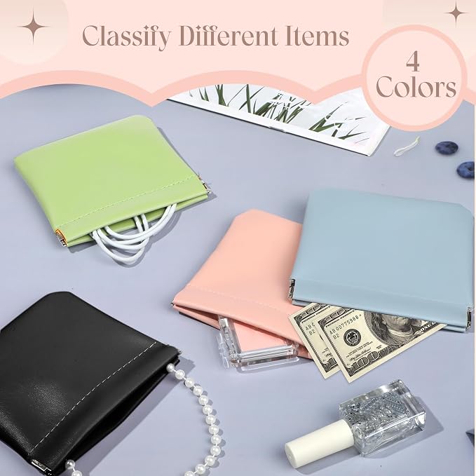 4Pcs Small Makeup Bag for Purse, 4.7in Pocket Cosmetic Bag Organizers, Waterproof PU Leather Pouches for Purse, Portable Squeeze Coin Purse for Women Mini Travel Jewelry Storage Pouch (Summer)