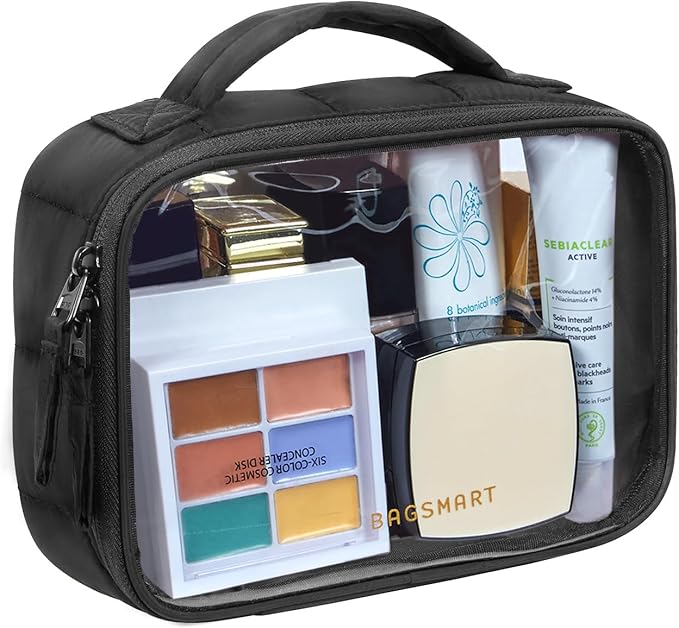 BAGSMART Clear TSA-Approved Toiletry Bag, Puffy Edges Travel Makeup Bag, Large Opening with Handle, Clear Cosmetic Bag with Double Zipper for Women (Black, 1Pack)