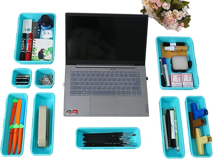 15 PCS Interlocking Desk Drawer Organizer Separator for Office,Bathroom,Kitchen,Makeup（Blue&Green）