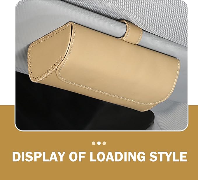 Sunglasses Holder for Car Sun Visor, PU Leather Visor Sunglasses Holder, Auto Eyeglasses Protective Storage Case, Universal Cars Sunvisor Accessories Organizer Box for Sedan, SUV, Van (Beige)