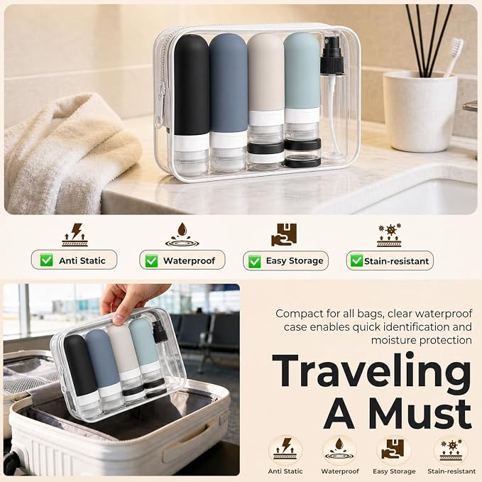 17 Pack Travel Bottles for Toiletries, TSA Approved Leak Proof Silicone Travel Containers for Toiletries with Label-Black+DarkBlue+ DarkGreen+Khaki