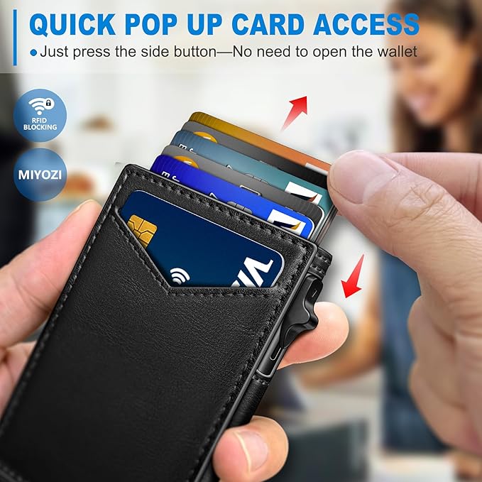 miyozi Wallet for Men, Slim Pop Up Card Holder - RFID Blocking Minimalist Bifold Wallet with ID Window, Holds 9-11 Cards & Stretchable Strap, Metal Flip Case with Magnetic Closure, Gift Box
