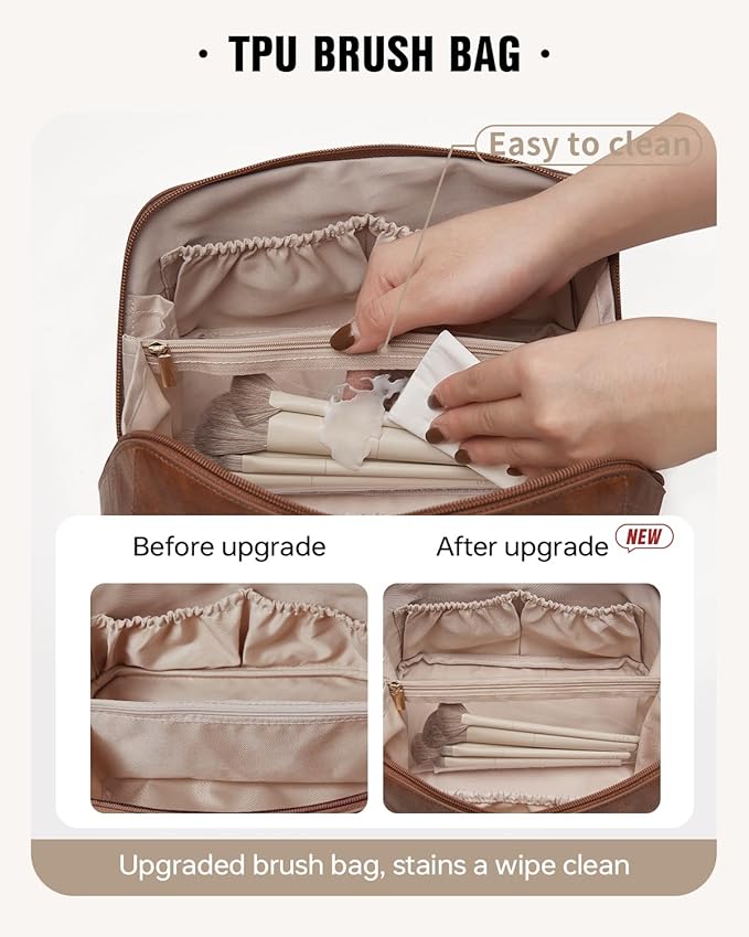EACHY Travel Makeup Bag, Large Capacity Cosmetic Bag for Women, Waterproof PU Leather, Flat Open Portable Toiletry Bag for Skincare, Brushes & Travel Essentials