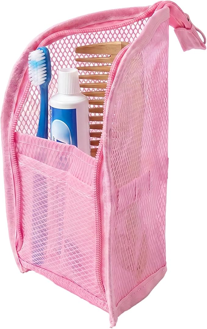 Standing Toiletry Bag, 2026 New Portable Lightweight Travel Toiletry Bag, Foldable EVA Mesh Large Capacity Toiletries Organizer, Hanging Clear Makeup Bag for Women (Pink 1pcs)