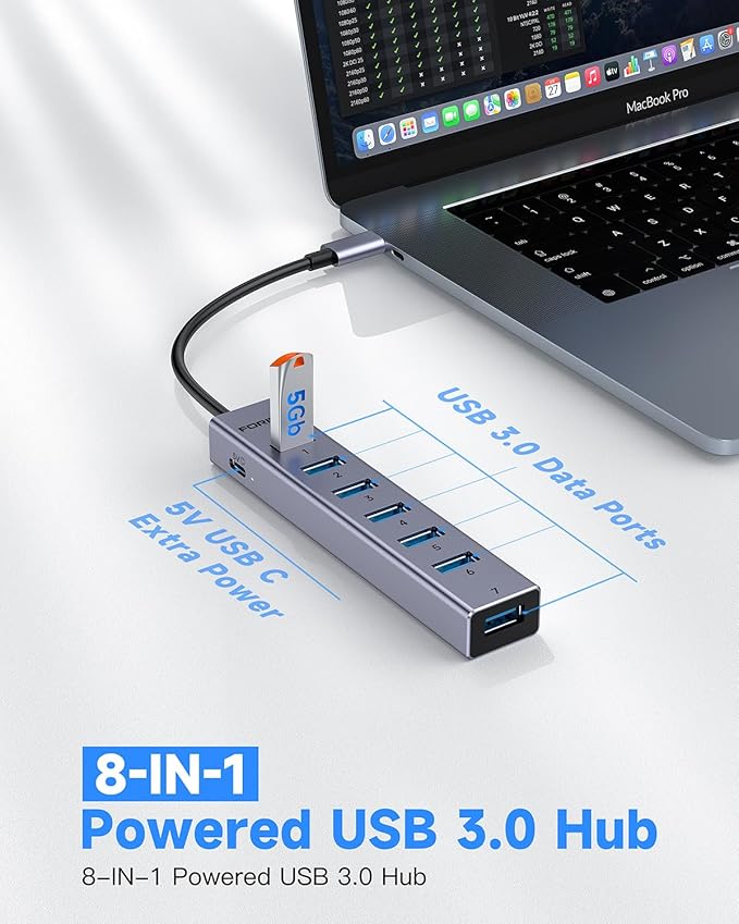 FORIDA USB C Hub-8 Port USB HUB with 7 USB3.0 Data Ports,Aluminum Alloy USBC Splitter with Type C 5V/3A Power Port Compatible with MacBook, iPad, Surface Pro, XPS, Laptop,PC (Gray,USB C-9.8in)