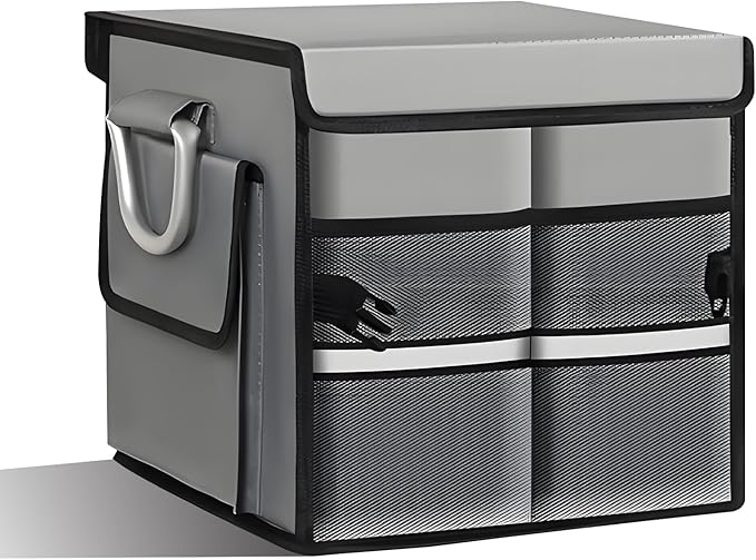 Car Trunk Organizer with Lid, 28L 2-Compartment Collapsible Trunk Cargo Storage Box, Waterproof Oxford Vehicle Backseat Storage Organizer with Base Plate & Metal Handle, Car Accessories (Gray)