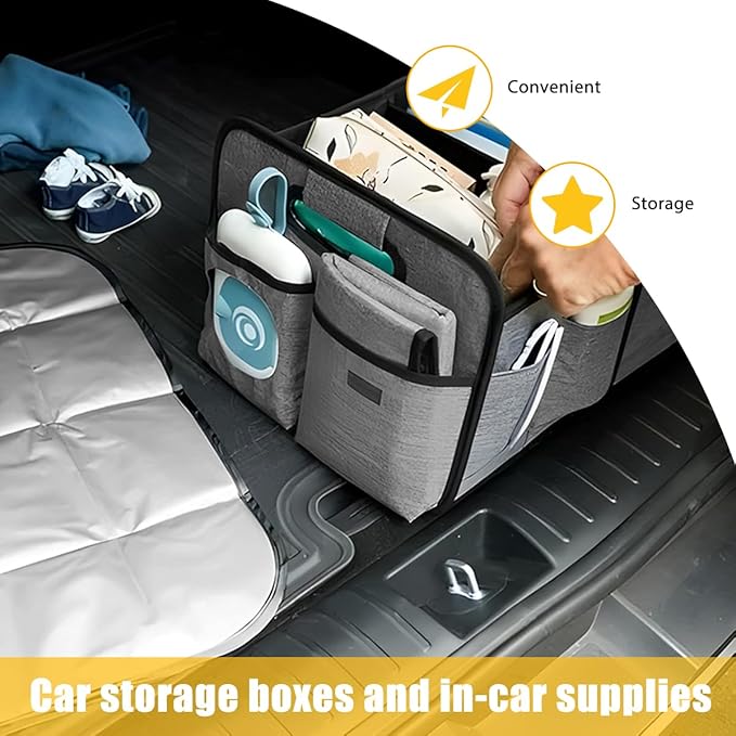Car Trunk Organizer, Foldable Multi Compartments Vehicle Storage Bin with Pad, Waterproof Sturdy Automotive Cargo Trunk Storage Accessories, Universal for SUV RV Truck
