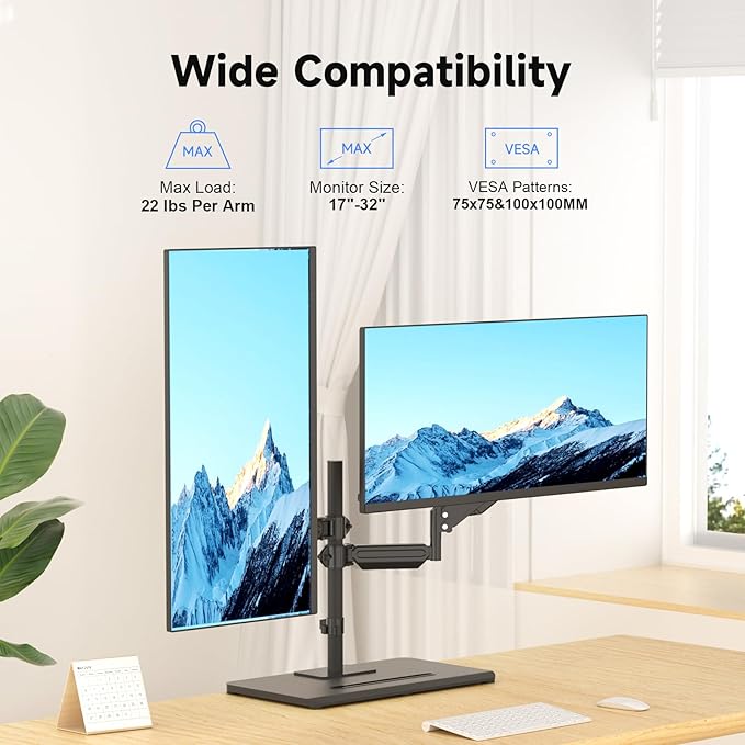 suptek Freestanding Dual Monitor Mount for 2 Screens up to 32 inches,Taller Monitor Stand Hold 22lbs,Dual Monitor Arm Desk Mount with Base(ML8022C)