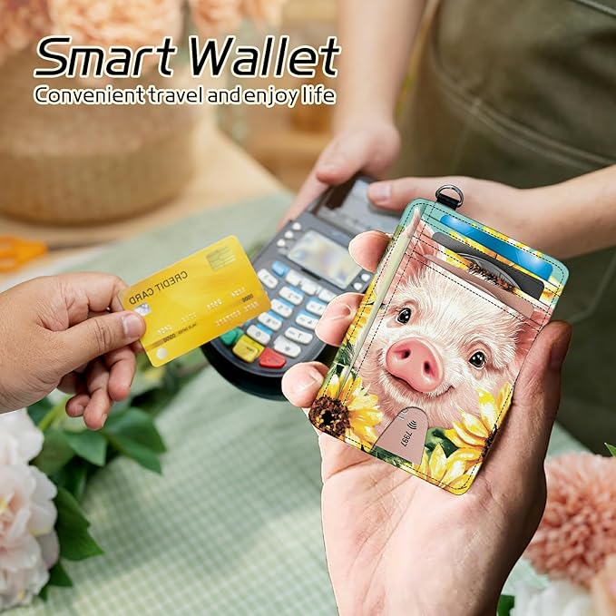 Small Travel Wallets, Pig Sunflowers Slim Minimalist Front Pocket Wallet with Wristlet, RFID Blocking PU Leather Credit Card Holder with ID Window Change Purse for Men Women