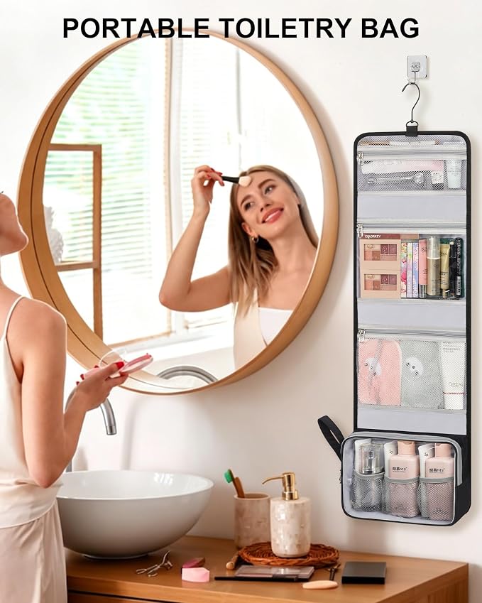 Relavel Hanging Toiletry Bag for Women - Large Capacity Initial Makeup Bag with Hanging Hook, Personalized Hanging Cosmetic Organizer for Travel-Sized Shampoo, Conditioner - Black J