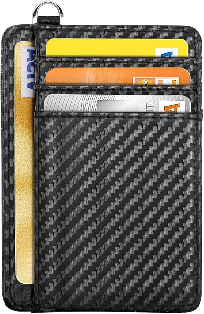 Coco Rossi Slim Front Pocket Wallet RFID ID Card Holder Cute Small Wallet with Keychian for Women,Carbon Fiber