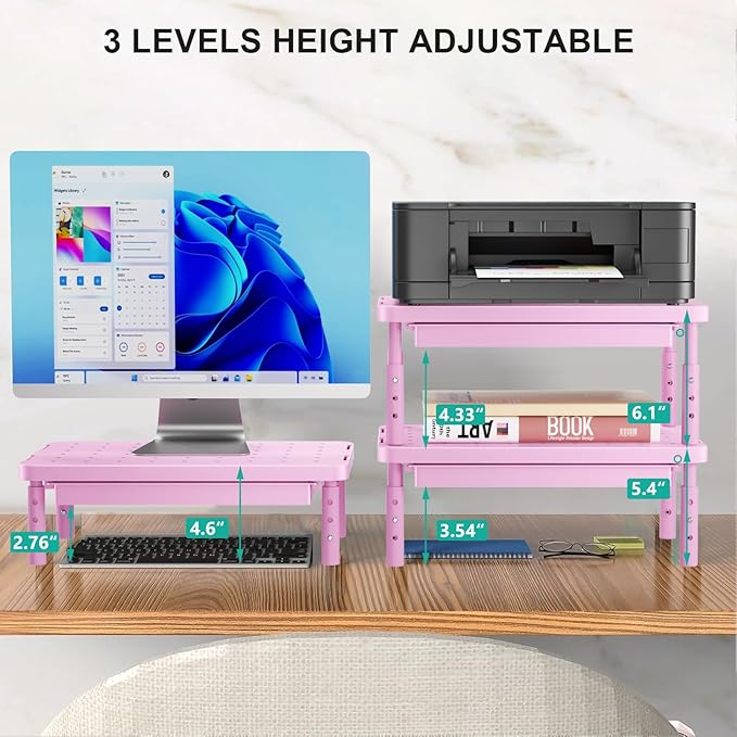 WALI Computer Monitor Stand with Storage, Desk Monitor Riser 3 Height Adjustable, Laptop Riser with Airflow Vents, Desk Organizer for Computer, Laptop, Printer (PTT002-P), 1 Pack, Pink