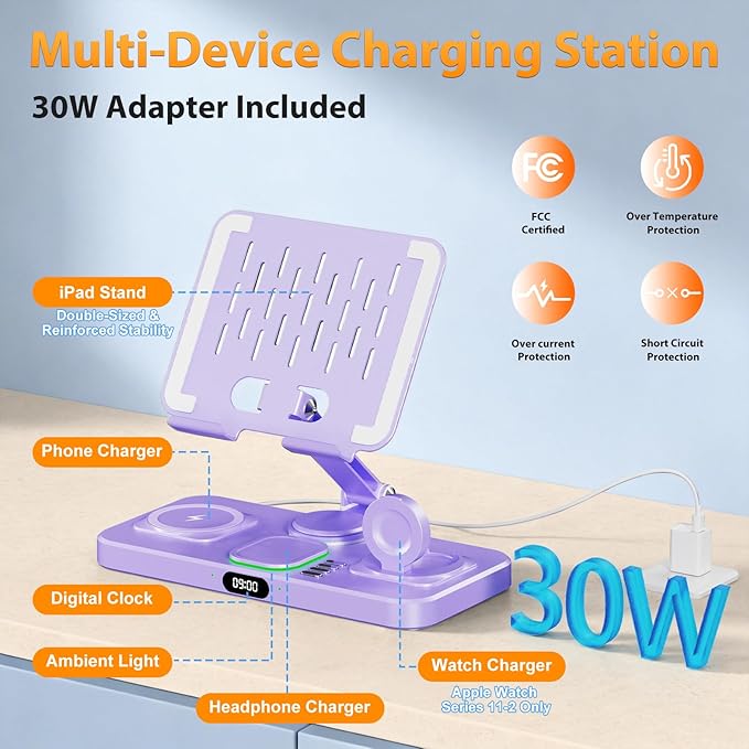 30W Charging Station for Apple Products, Foldable Wireless Charger with Clock Display&7 Color Light, Wired Charging for iPad/Tablet Charging Station for iPhone17, for Apple Watch11 for AirPods4(Purple