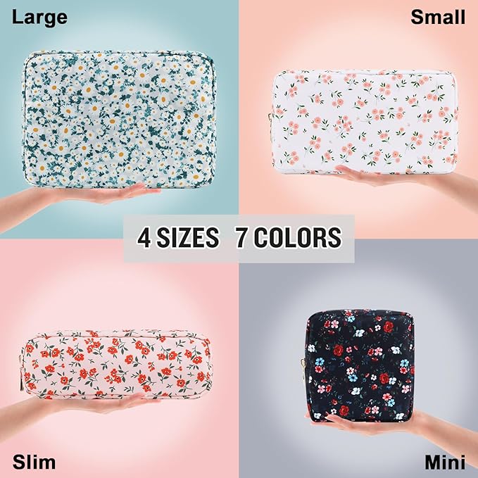 izuzta Nylon Small Floral Makeup Bag Slim Pouch, Preppy Cute Makeup Brush Case Bag Flower Cosmetic Zipper Pouch Purse, Waterproof Travel Toiletry Bag Coin Pouch Make Up Organizer Women(Green-Daisy)