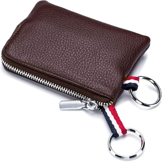 Leather Coin Purse, Change Purse for Men Women (Coffee, standard) | Mini Coin Pouch with Zipper & 2 Keyrings, Water-resistant Genuine Leather Wallet for Pocket, Daily,Gifts