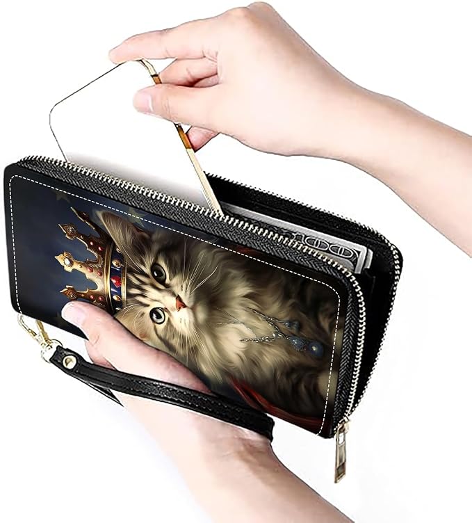 Women's Large Capacity Wallet PU Leather Zip Around Clutch Purse Multifunctional Wallet with Removable Wristlet Strap for Smart Phone/Coin/Card/Cash, Cat Wearing Crown