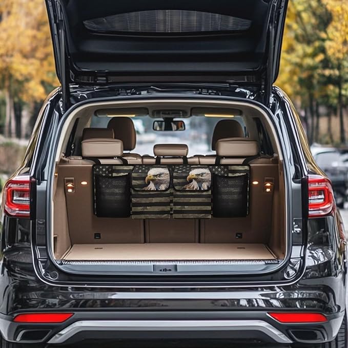 USA Flag Bald Eagle Car Trunk Organizer for Women Men Car Back Seat Hanging Storage Bag Collapsible Auto Cargo Bag with 4 Large Pockets Auto Interior Accessories