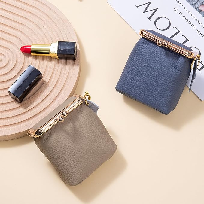Litchi Leather Coin Purse for Women, Portable Vintage Wallet Mini Lipstick Holder Fashion Solid Color Kiss Lock Key Storage Square Pouch (Grey)
