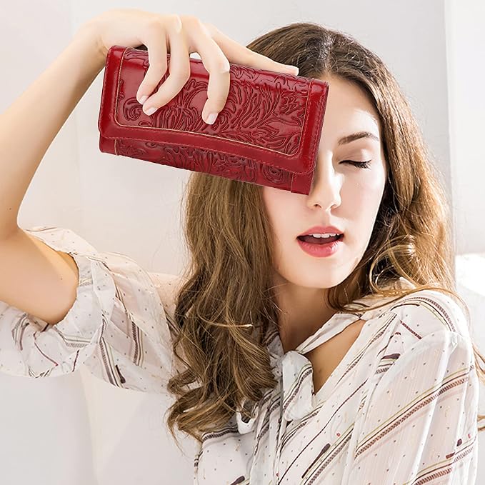 MEITRUE Women's Wallet Leather RFID Blocking Trifold Ladies Purse Embossed long Clutch Card Holder Phone Checkbook Organizer