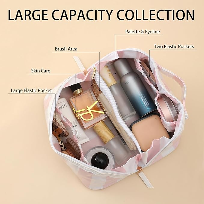 DYSHAYEN Stripe Travel Makeup Bag with Compartments Clear Coated Cosmetic Bag for Women, Waterproof Portable Open Flat Toiletry bag （White-Pink）