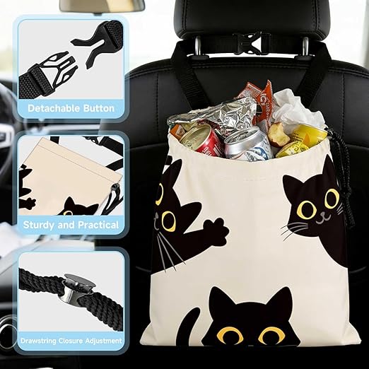Three Black Cats Car Trash Bag - Waterproof Car Trash Bag Hanging Leakproof Car Garbage Bag - Washable Reusable Trash Bag For Car Interior Hanging Organizer Storage Vehicle Travelling Camping
