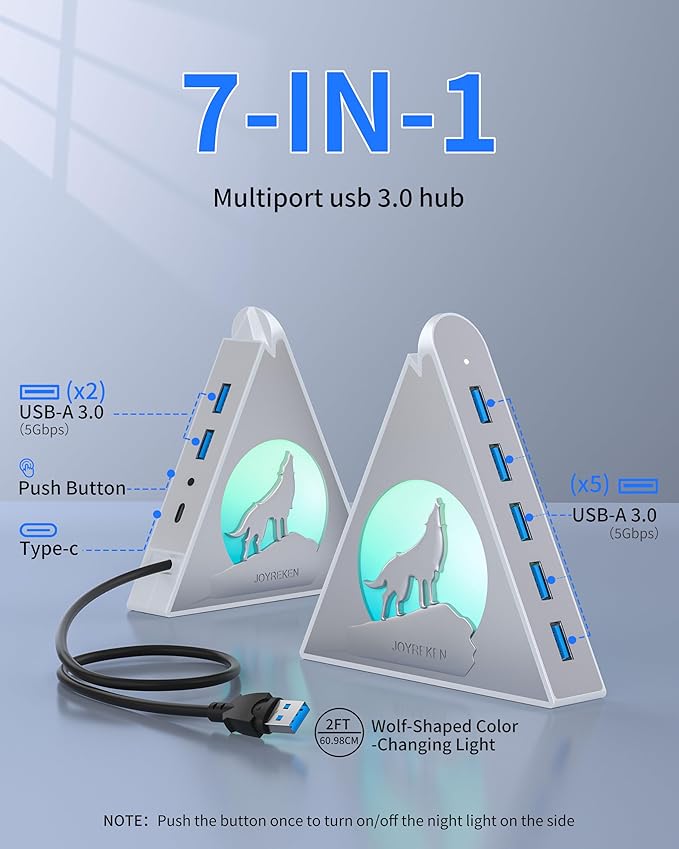 7 Port USB Hub, JoyReken USB 3.0 Hub with 2 FT Long Cable, Vertical USB Extension Hub for Laptop, MacBook,Xbox,PS4/5, Flash Drive, XPS, PC, Flash Drive, Game Console, Printer, Keyborad, Mouse (Silver)