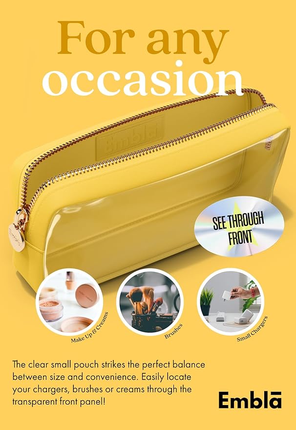 Embla Medium Clear Makeup Bag Travel for Toiletries Cute Make Up Nylon Organizer Pouches Quart Size Cosmetic Bags for Women Girls Zipper Toiletry Skincare Pouch Organizer for Purse Yellow