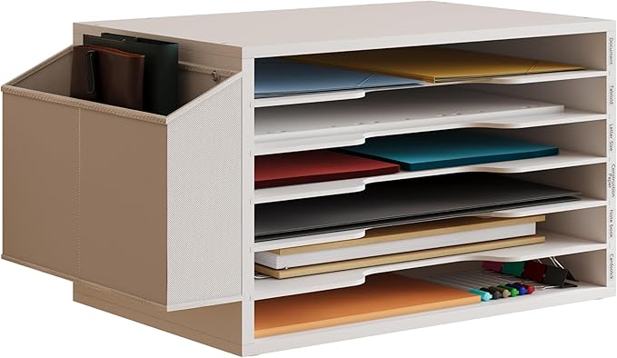 Unionly 12x18 Construction Paper Organizer,6-Tier Adjustable Literature Organizer,Large Wooden File Sorter with Side Pocket,Office Mailbox for Home,Classroom,Office (White, Large 6 Slots)