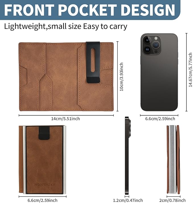 Mens slim Wallet，with RFID Shielding, Holds 9 Cards Easily, card wallet for Men, Minimalist Wallet For Men, Made of aluminum and Pu Synthetic Leather, Includes Cash clip (Brown)