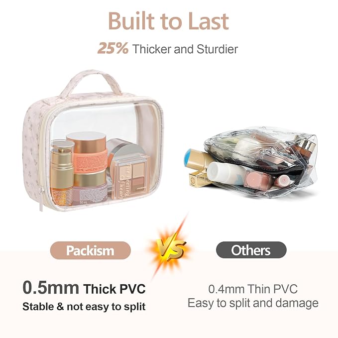 PACKISM Stylish TSA Approved Toiletry Bag Set, Flora, Clear Makeup Bag with Handle, 1 TSA Medium & 1 Large for Travel, Gift for Women, Pink Ditsy Floral