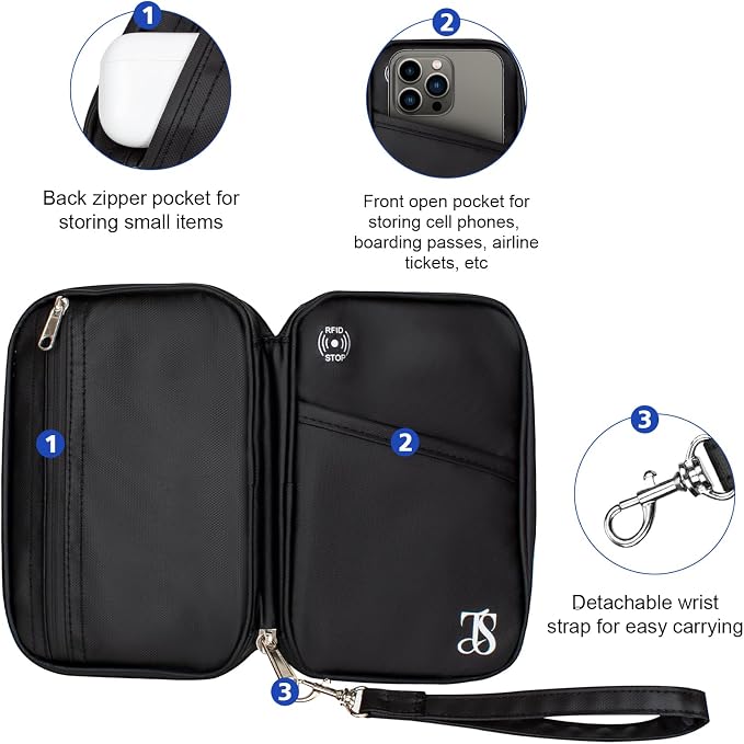 Passport Holder for Travel Women Men RFID Blocking Passport Wallet Waterproof Lightweight Document Organizer Pouch Bag Zipper Portable Case for Cards, ID, Money (Black, 6.9"x4.5")