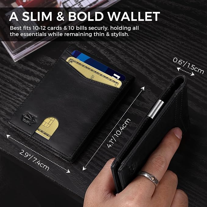 Zitahli Genuine Leather Wallet for Men 12 Card Slim Mens Wallets Bifold RFID Blocking with Money Clip & ID Window Thin Minimalist Card Holder Wallet with Gift Box