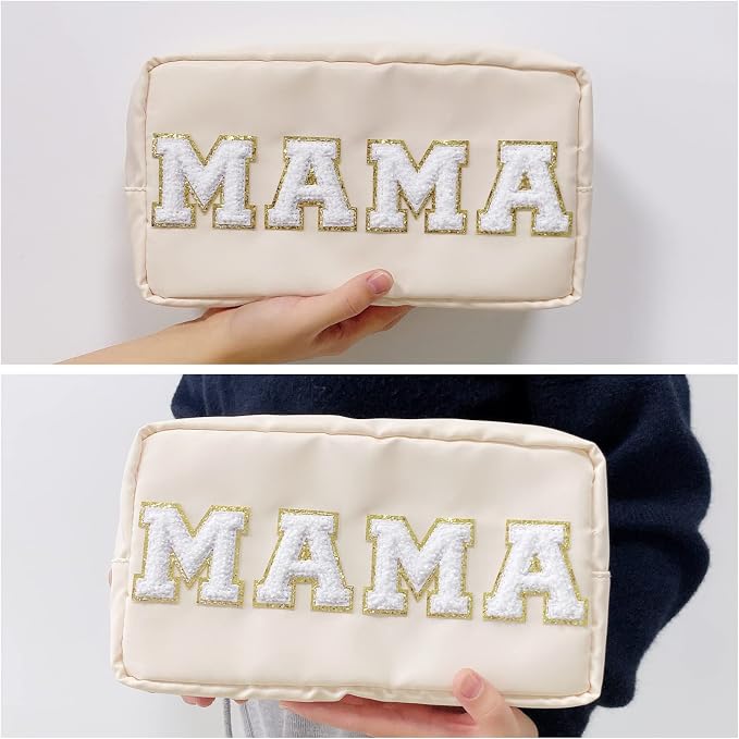 Chenille Letter Bag Mama Gift Makeup Bag Nylon Cosmetic Bag with Varsity Patch Makeup Pouch Bag Gift Toiletry Bag For Travel