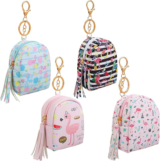 AIBFRID 4Pcs Mini Backpack Keychain,Cute Cosmetic Bag for Women,PU Leather Makeup Bag Key Pocket Lipstick Bag Card Holder Data Cable Organizer Zipper Pouch (Flamingo gifts)