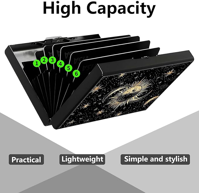 Credit Card Holder, Art Sun Moon Star Design Mini RFID Blocking Aluminum Wallet Slim Metal Hard Case Shell Travel Wallet ID Case Small Credit Cards Case Business Cards for Women Men Girls
