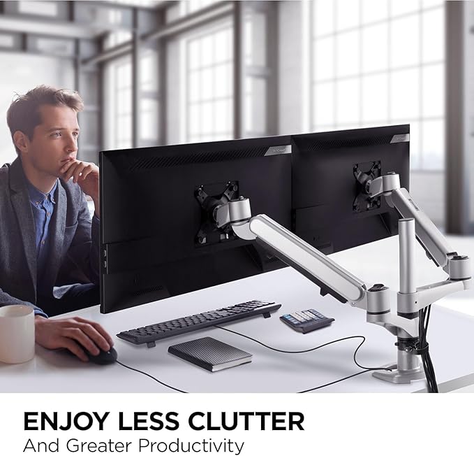 ViewSonic LCD-DMA-002 Spring-Loaded Monitor Desk Mounting Arm for 2 Monitors up to 27 Inches Each, VESA Compatible, Full Ergonomic Adjustability, 2-in-1 Mounting Base, and Built-in Cable Management