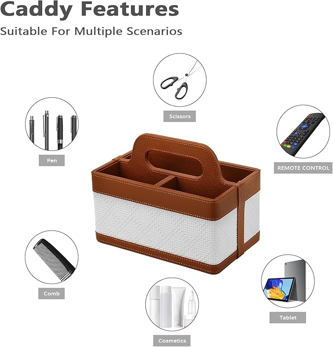 Desk Organizer Caddy with Handle-Portable PU Leather Remote Control Holder-Nightstand Dresser Tote Storage for Sunglasses,Comb,Small iPad,Pen,Heater Controllers,Cosmetics and Office Supplies