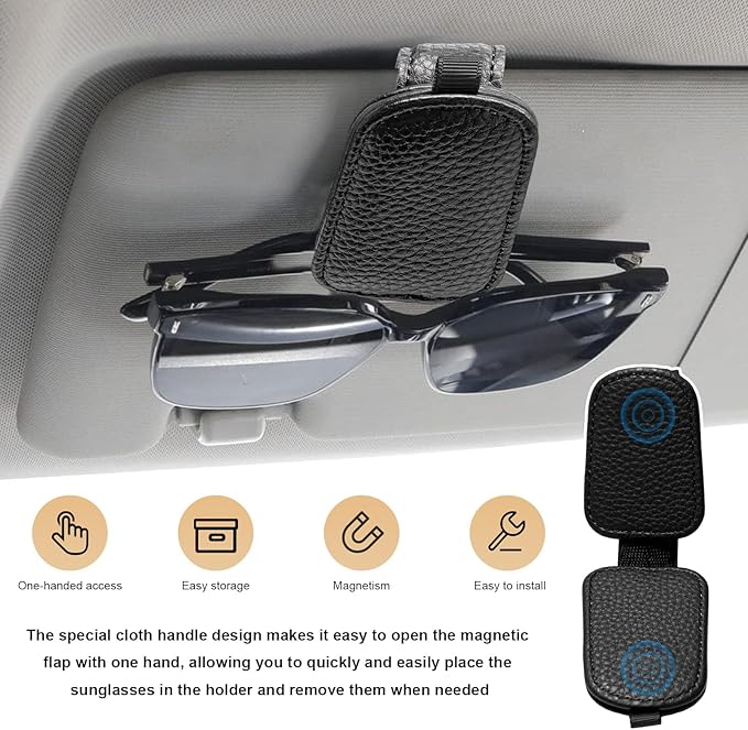 2 PCS Sunglasses Holders for Car Visor, Magnetic Leather Eyeglasses Hanger Mounter Ticket Card Clip, Auto Sun Visor Glasses Holder Business Card Organizer for Men Women (Black)