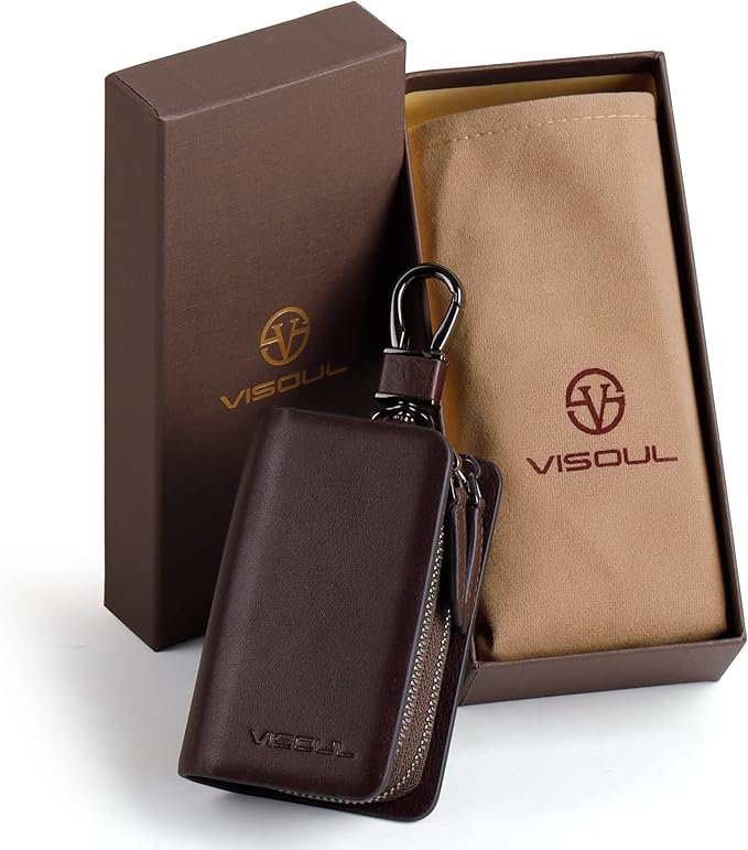 VISOUL Car Key Case Holder Double Zipper, Leather Car Smart Key Fob Case with Keychain for Men and Women