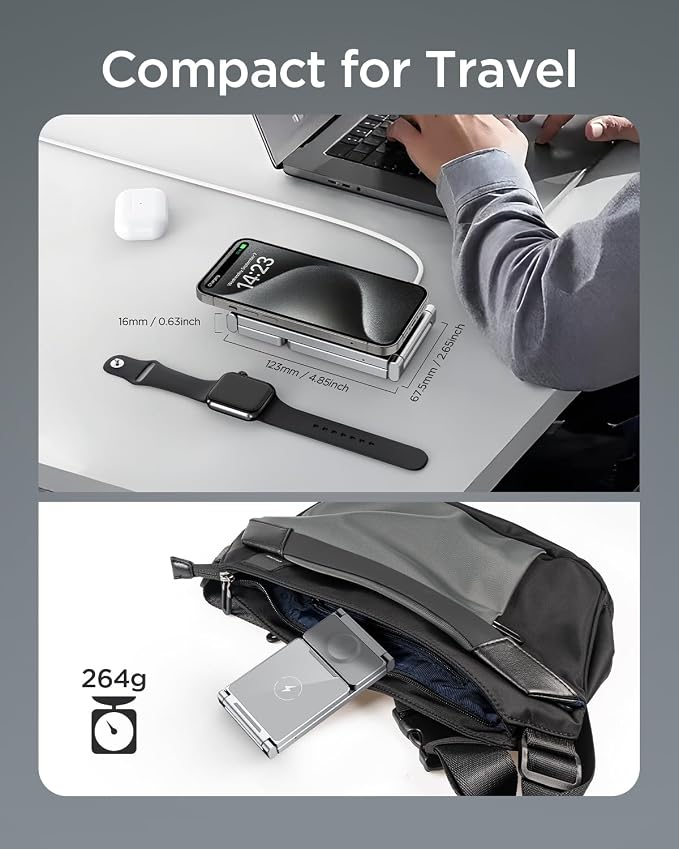 Magnetic Charging Station,Hohosb 3 in 1 Foldable Zinc Alloy Wireless Charger Stand[Compatible with Magsafe Charger] for iPhone 15/14/13/12 Series,AirPods Pro/3/2,Apple Watch/iWatch(Titanium Grey)