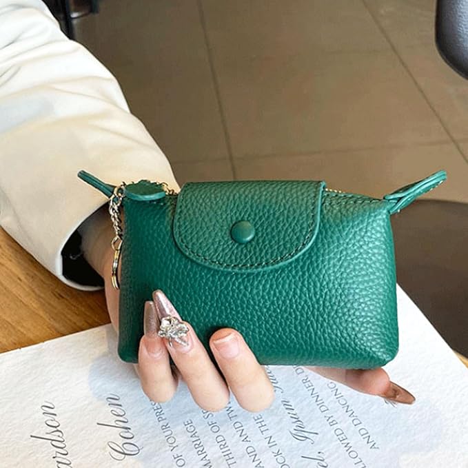 Grass Green Leather Coin Purse with Keychain - Small Zipper Pouch for Women, Mini Wallet for Cash Coins Credit Cards