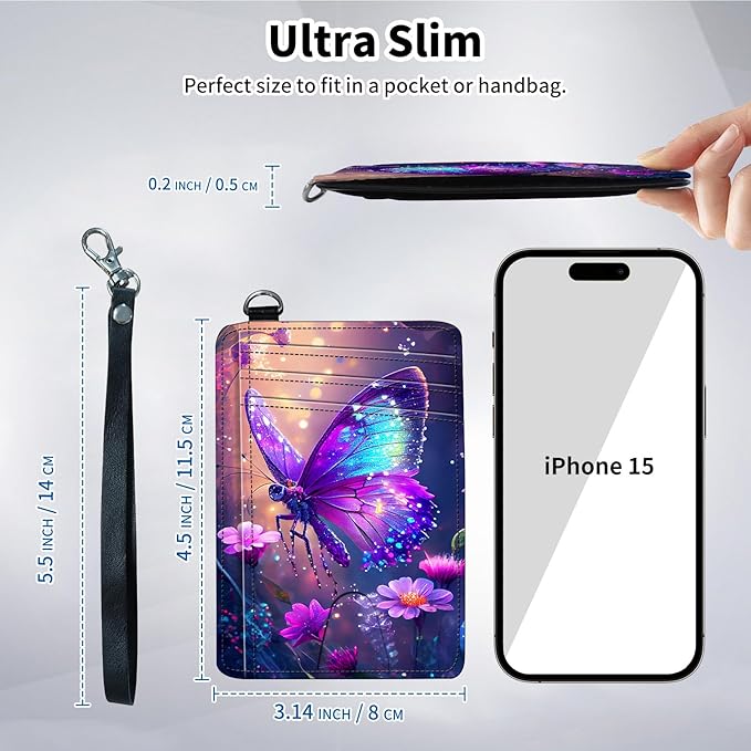 Slim Minimalist Front Pocket Wallet,Credit Card Holder Wallet for Women Men,RFID Blocking Credit Card Holder Case Leather Cute Small Thin Wallet ID Window&Wrist Strap,Purple Glitter Butterfly